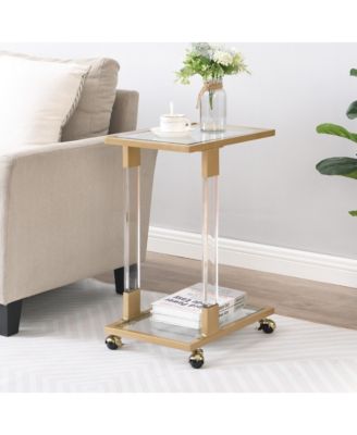 17.72"Golden Side Table, Acrylic Sofa Table, Glass Top C Shape Square Table with Metal Base for Living Room, Bedroom, Balcony Home and Office