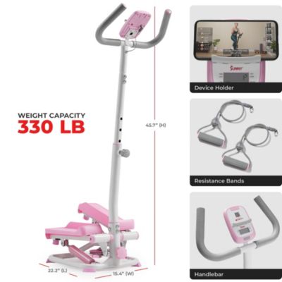 Pink Smart Stair Exercise Stepper w Handlebar & Resistance Band, Free SunnyFit App Via Bluetooth