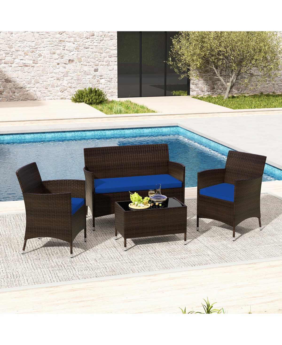 Gouun 4 Pieces Rattan Sofa Set with Glass Table and Comfortable Wicker for Outdoor Patio