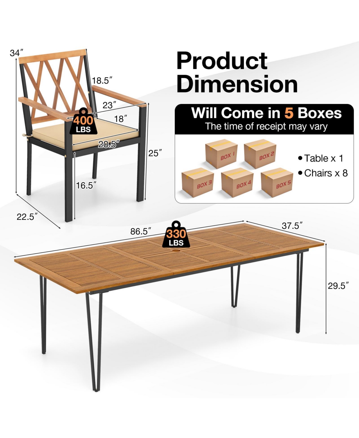 Acacia Wood Outdoor Furniture Set 9 Pieces Patio Dining Set with 8 Chairs