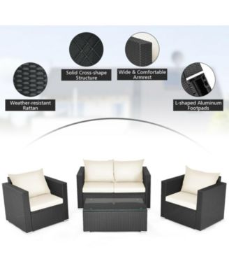 4 Pieces Patio Rattan Conversation Set with Padded Cushion and Tempered Glass Table