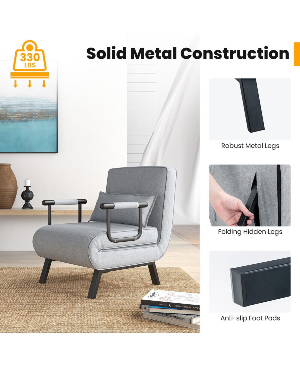 Gouun Folding 6 Position Convertible Sleeper Bed Armchair Lounge Couch with Pillow