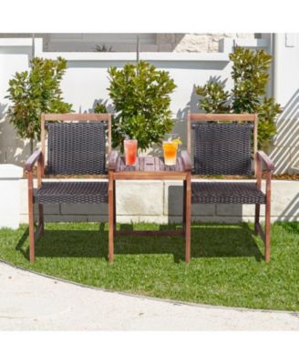 2-Seat Patio Rattan Acacia Wood Chair with Table