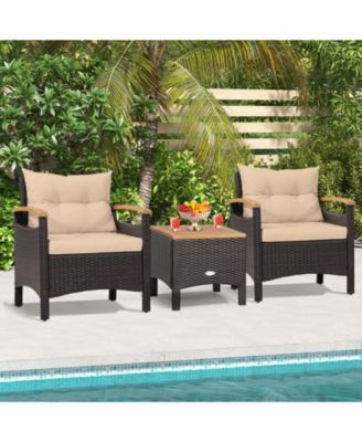 Patio Wicker Loveseat Sofa with Multipurpose Ottoman and Retractable Side Tray