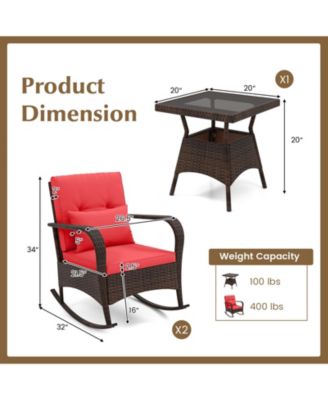 3 Pieces Outdoor Rocking Set with Tempered Glass Table for Backyard Poolside