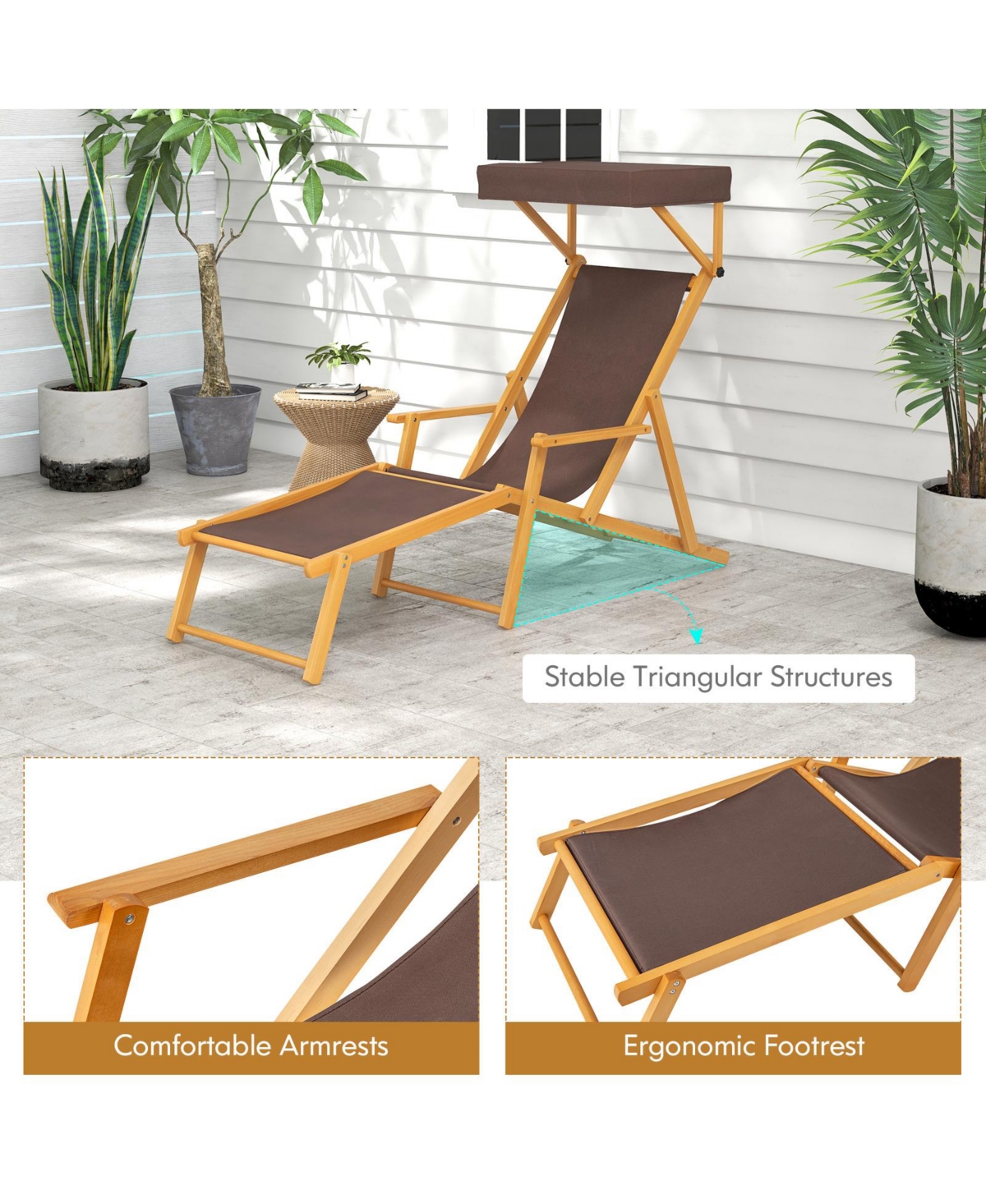 Gouun Birch Wood Chaise Lounge Chair Foldable Beach Chair with Adjustable Canopy