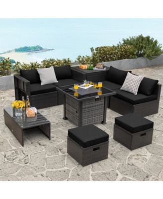 Outdoor 9 Pieces Patio Furniture Set with 50 000 BTU Propane Fire Pit Table