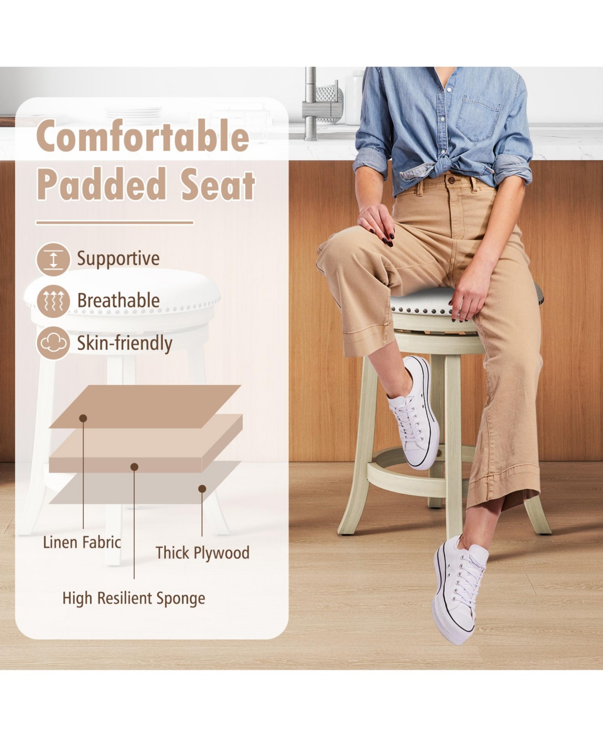 Gouun Inches Swivel Bar Stools Set of 2 wth Wooden Frame-24 inches -khaki