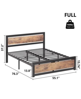 Industrial Full Size Bed Frame, Full Bed Platform with Wooden Headboard No Box Spring Needed, 14 inch Easy Assemble Full Mattress Frame
