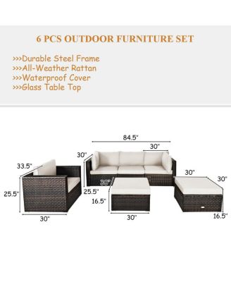 6 Pieces Patio Rattan Furniture Set with Sectional Cushion and Ottomans