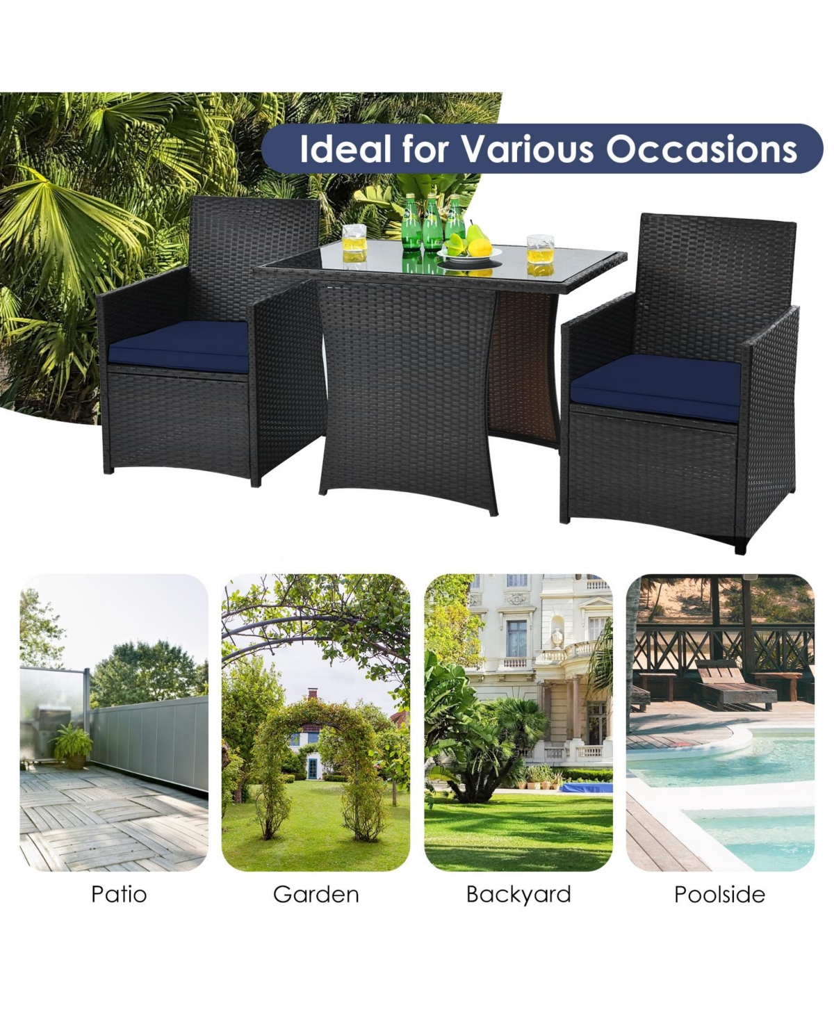 Gouun 3 Pieces Patio Rattan Furniture Set with Cushion and Sofa Armrest