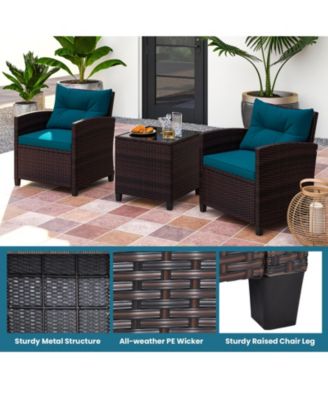 3 Pieces Rattan Patio Furniture Set with Washable Cushion-Peacock