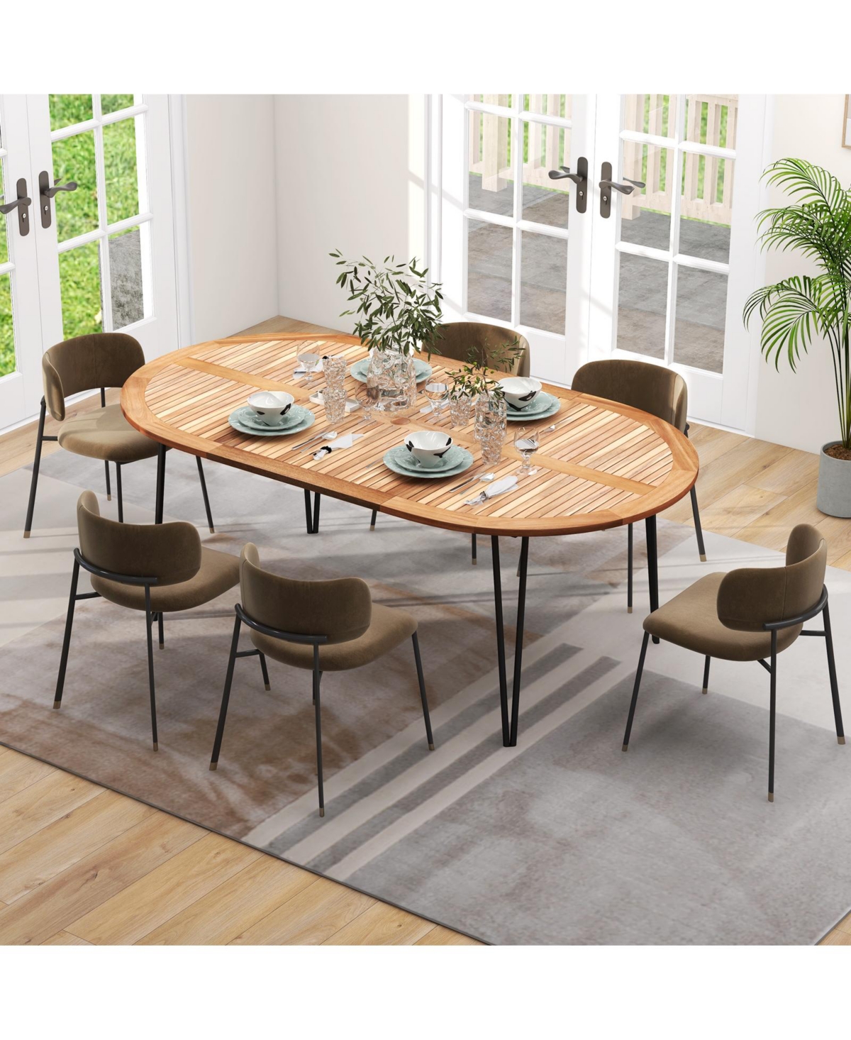 Gouun Oval Patio Dining Table with Umbrella Hole and Acacia Wood Tabletop for 8 People