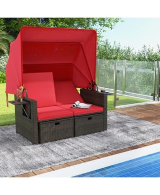 Outdoor Patio Rattan Daybed with Retractable Canopy and Adjustable Backrests