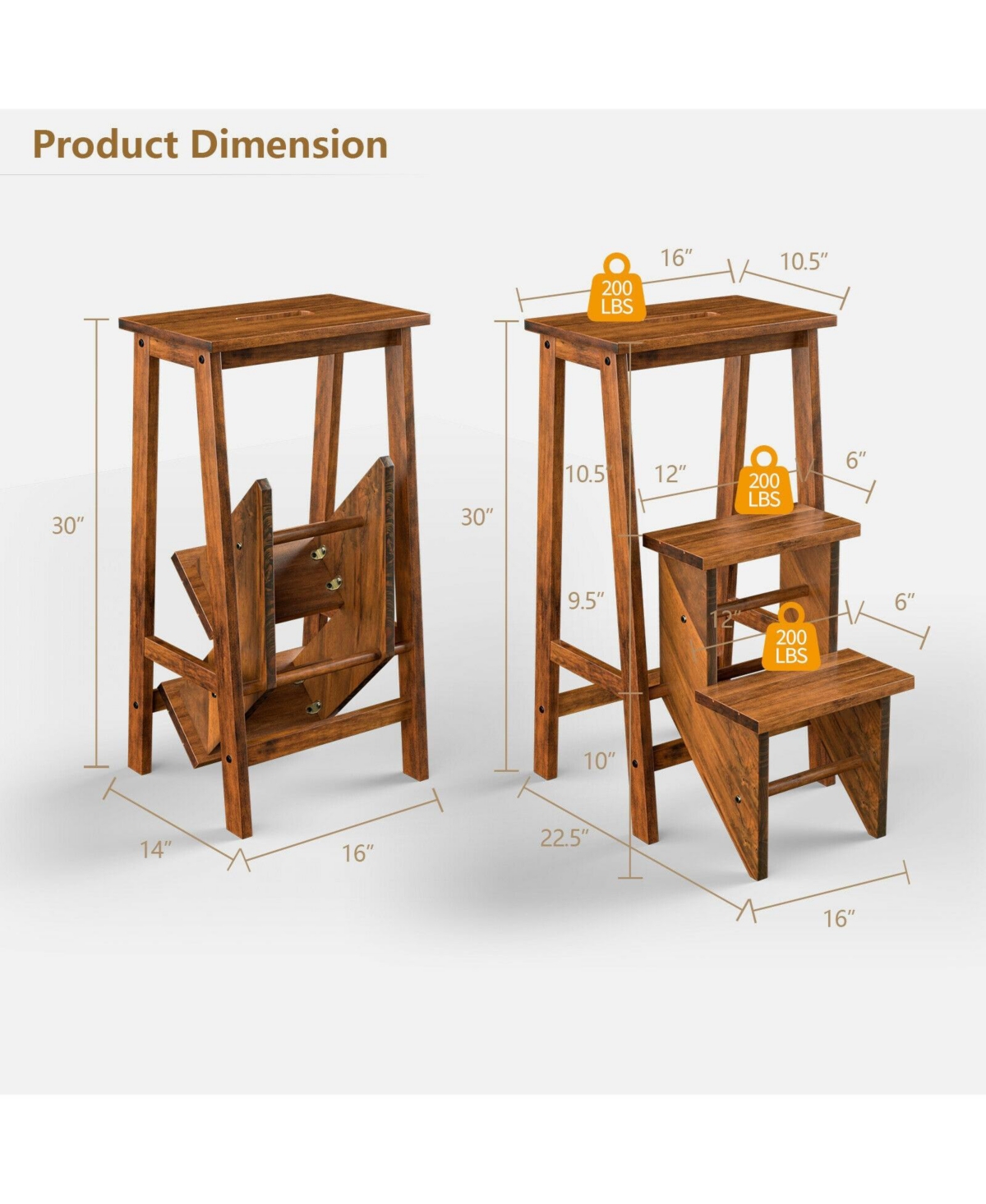 Gouun Boys 3-in-1 Rubber Wood 3 Tier Folding Step Stool Ladder Storage Shelf