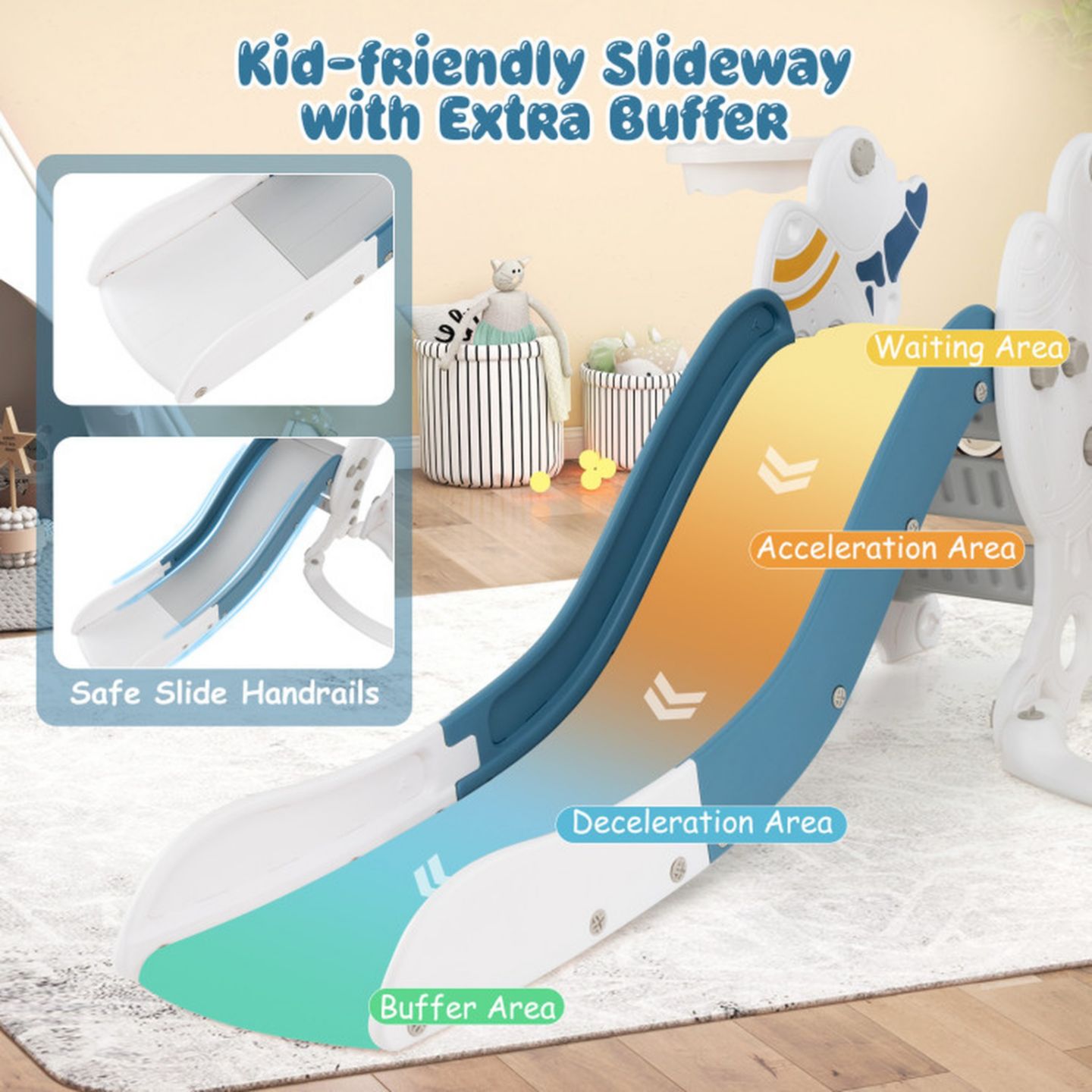 Детские игрушки GOUUN 4-in-1 Kids Slide Swing Set with Basketball Hoop, Ages 1+, цвет: Синий — фото 7