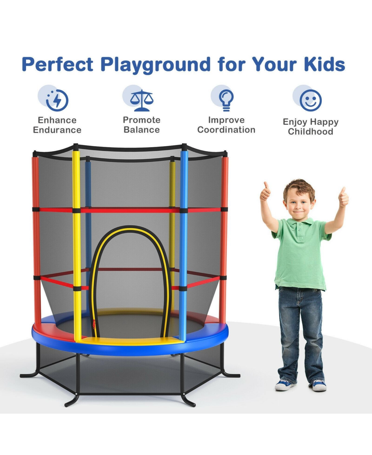 55 Inch Kids Recreational Trampoline Bouncing Jumping Mat with Enclosure Net