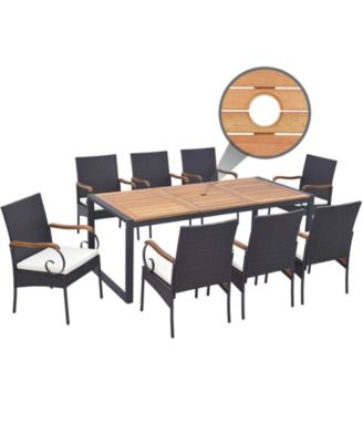 9 Pieces Patio Rattan Dining Set with Acacia Wood Table for Backyard Garden-Curved Handrail