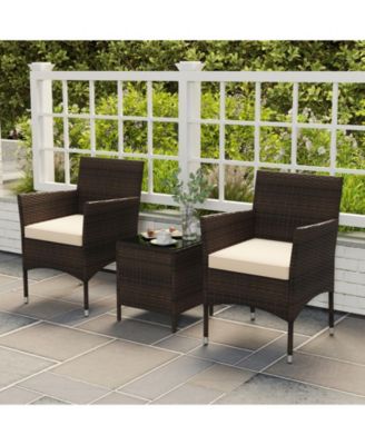 3 Pieces Outdoor Conversation Set with Cushioned Seat and Glass Tabletop