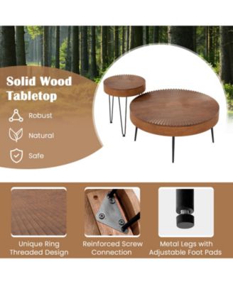 Set of 2 Boho Round Table with Solid Pine Wood Top and Metal Legs