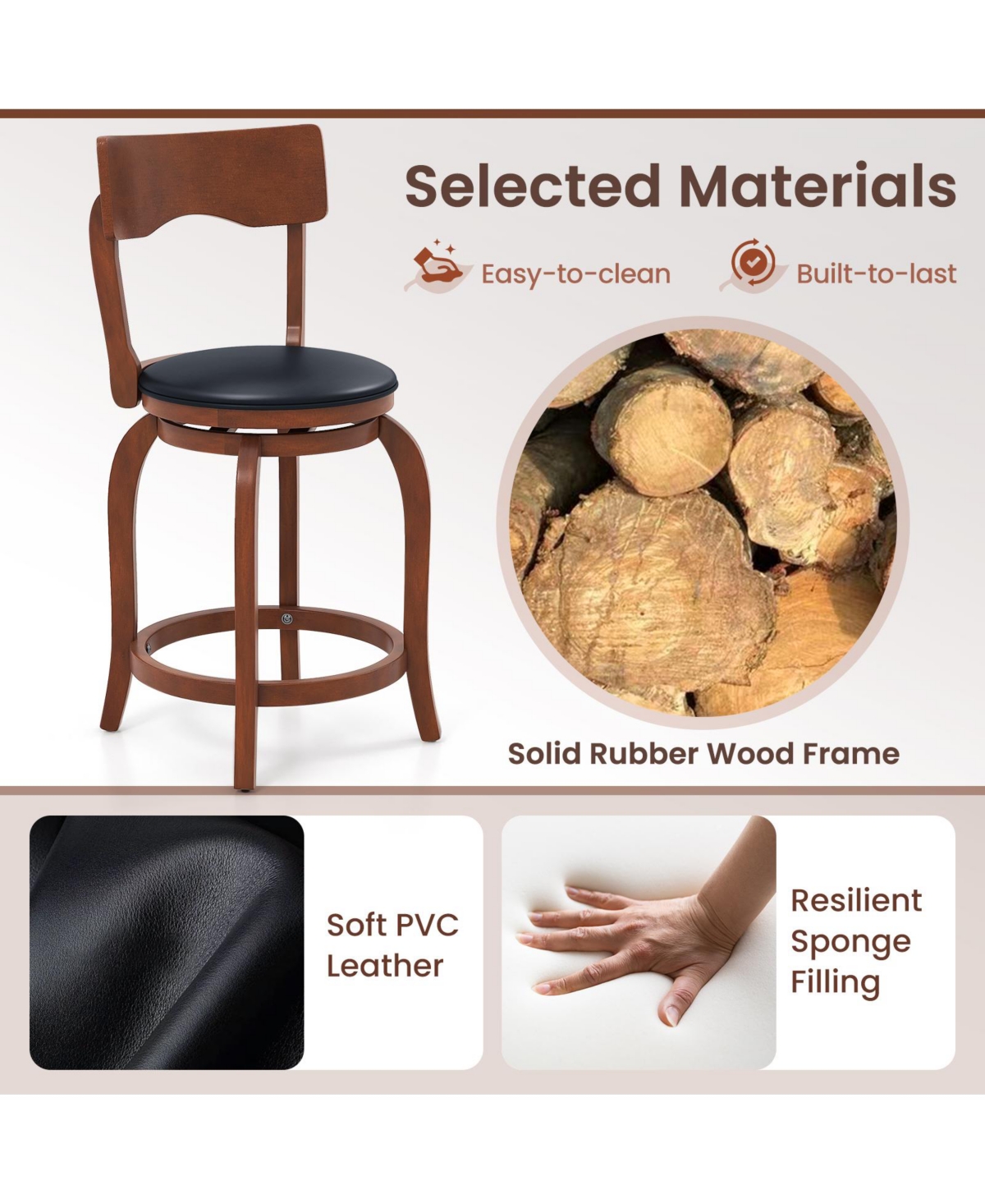 Gouun Swivel Bar Stools Set of 2 with Rubber Wood Frame and Upholstered Seat-24