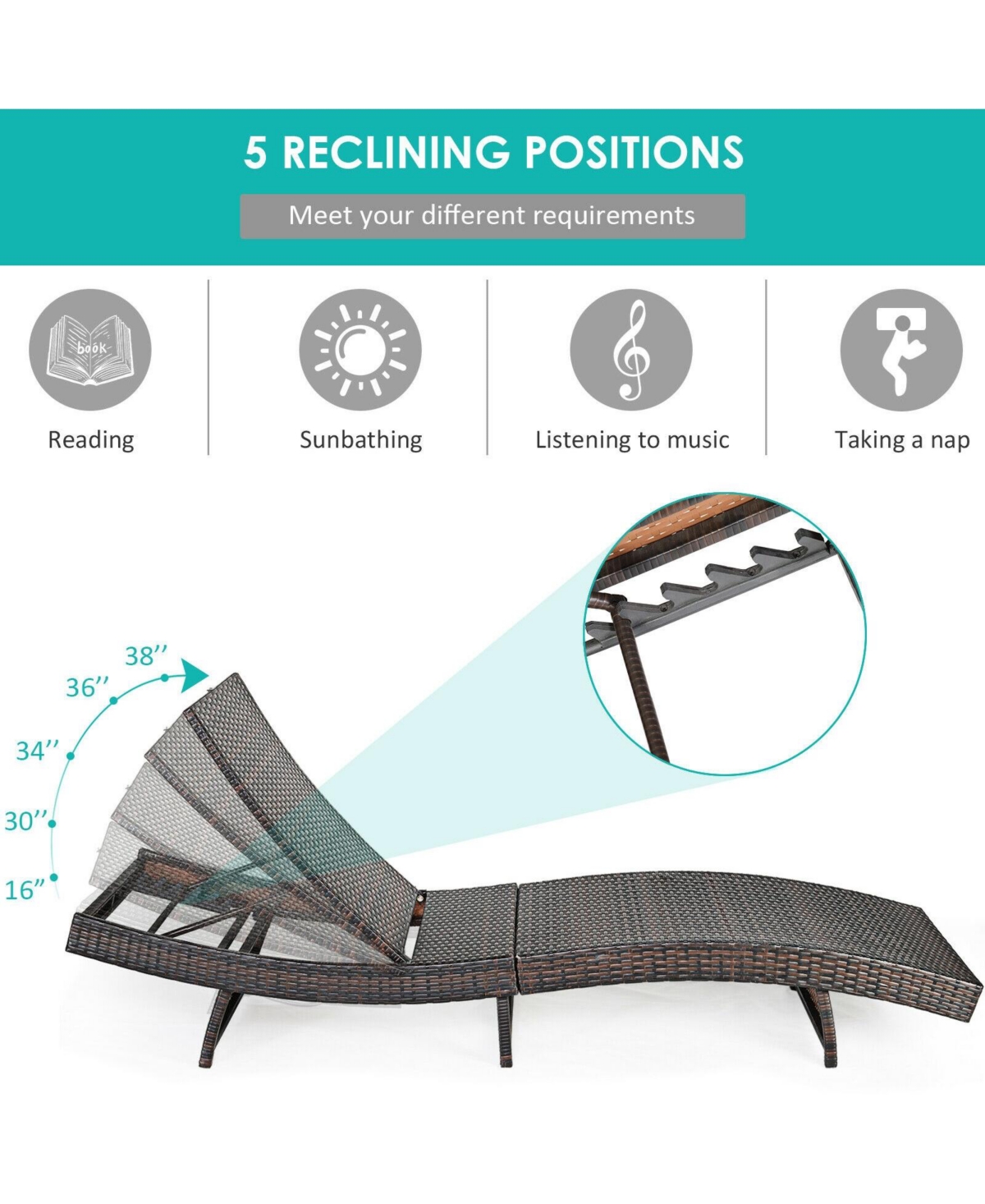 Gouun Patio Folding Adjustable Rattan Chaise Lounge Chair with Cushion -aqua