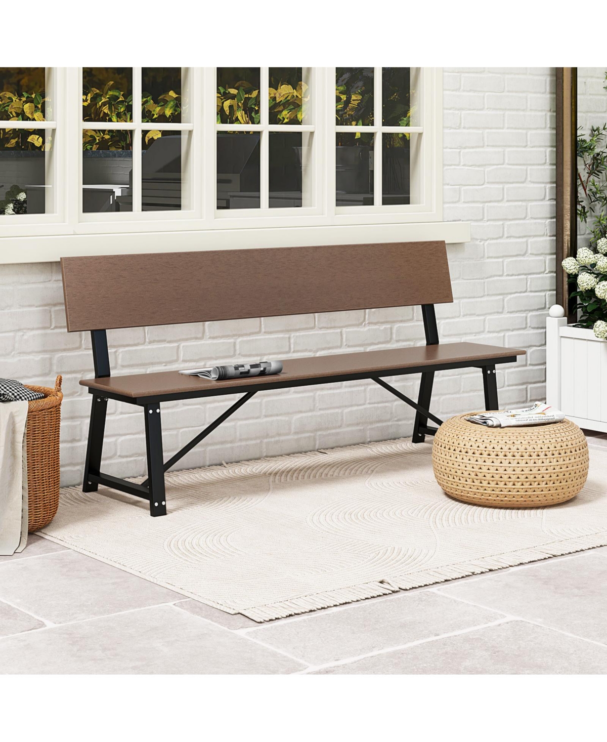 Gouun Extra Long Bench with All-Weather Hdpe Seat & Back for Yard Garden Porch