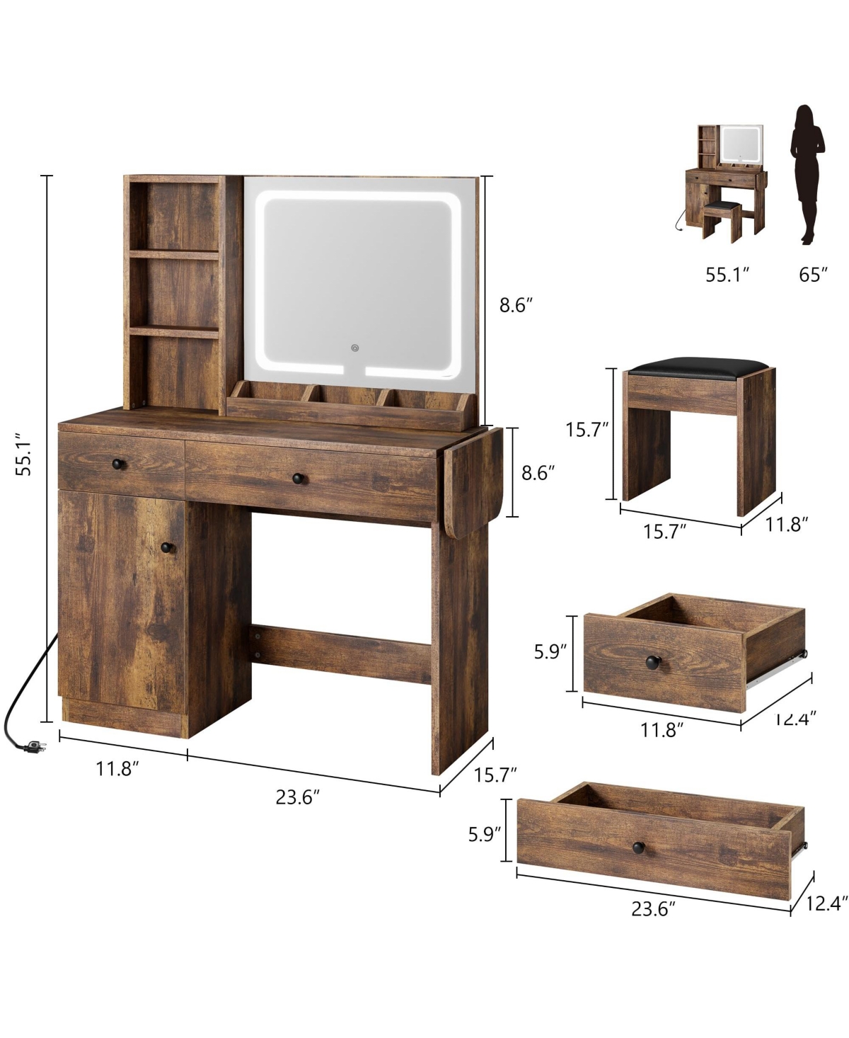 gaomon Vanity Desk with Led Lighted Mirror & Power Outlet