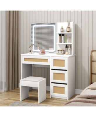 Rattan Makeup Vanity Desk with Charging Station, Vanity Desk with Mirror, 3 Lighting Modes LED Light