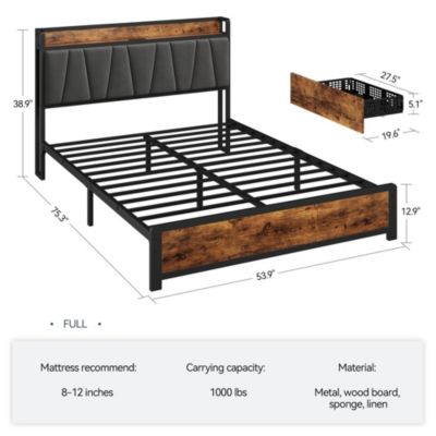 Queen Size Bed Frame with Upholstered Storage Charging Headboard, Heavy Duty Metal Platform Bed Frame with 4 Storage Drawers, Noise Free, No Box Spring Needed