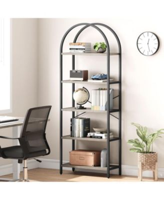 Bookshelf 5 Tier Bookcase Arched Display Racks Tall Standing Bookshelves Metal Frame Farmhouse Storage Rack Shelf Grey Book Shelf for Bedroom, Living Room, Home Office