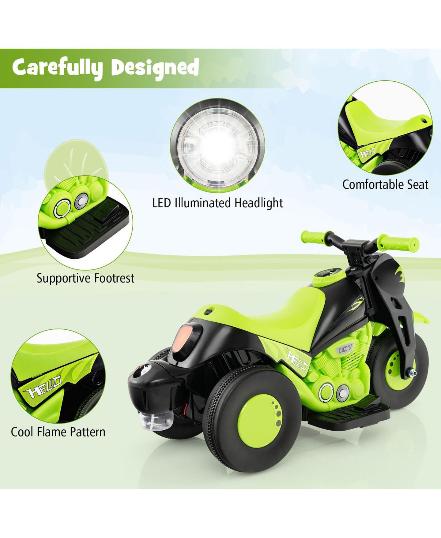 Детская игрушка Gymax 6V Kids Bubble Car Electric Ride-On Motorcycle with LED Headlight & Music, 66 lbs Capacity, Ages 3-7, цвет: Зелёный — фото 2