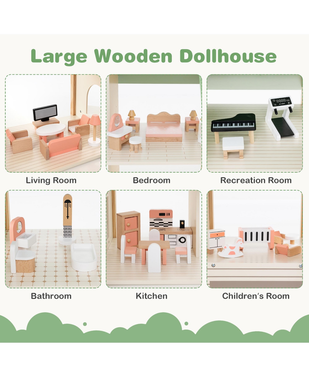Gymax Wooden Corner Dollhouse Playset with 36 Pieces of Furniture and Accessories - Green+natural