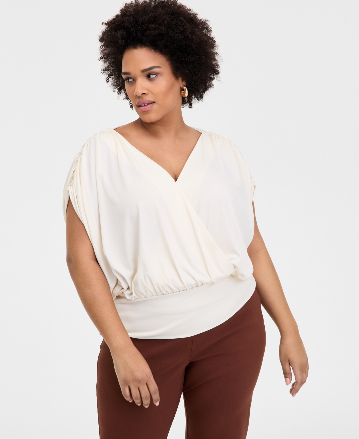 Plus Size Ruched Surplice-Neck Top, Exclusively at Macy's - Vintage Cream