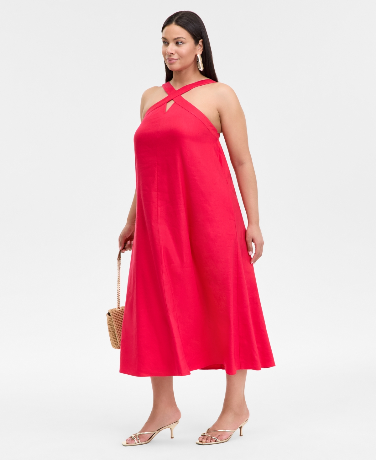 Inc International Concepts Petite Linen-blend Halter Maxi Dress, Exclusively At Macy's In Red