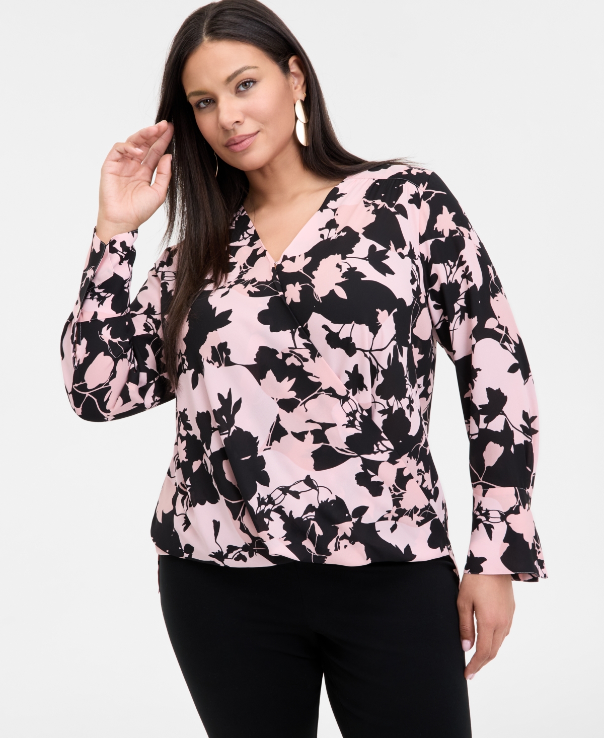 INC INTERNATIONAL CONCEPTS PLUS SIZE CUFFED SURPLICE BLOUSE, EXCLUSIVELY AT MACY'S 