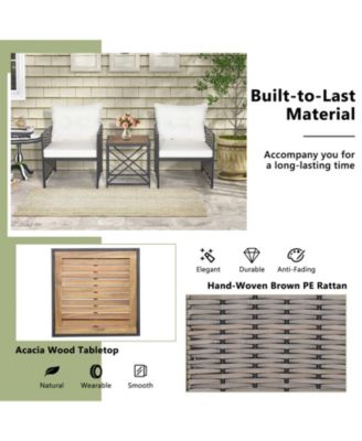 3 Pieces Patio Rattan Furniture Set with Acacia Wood Tabletop