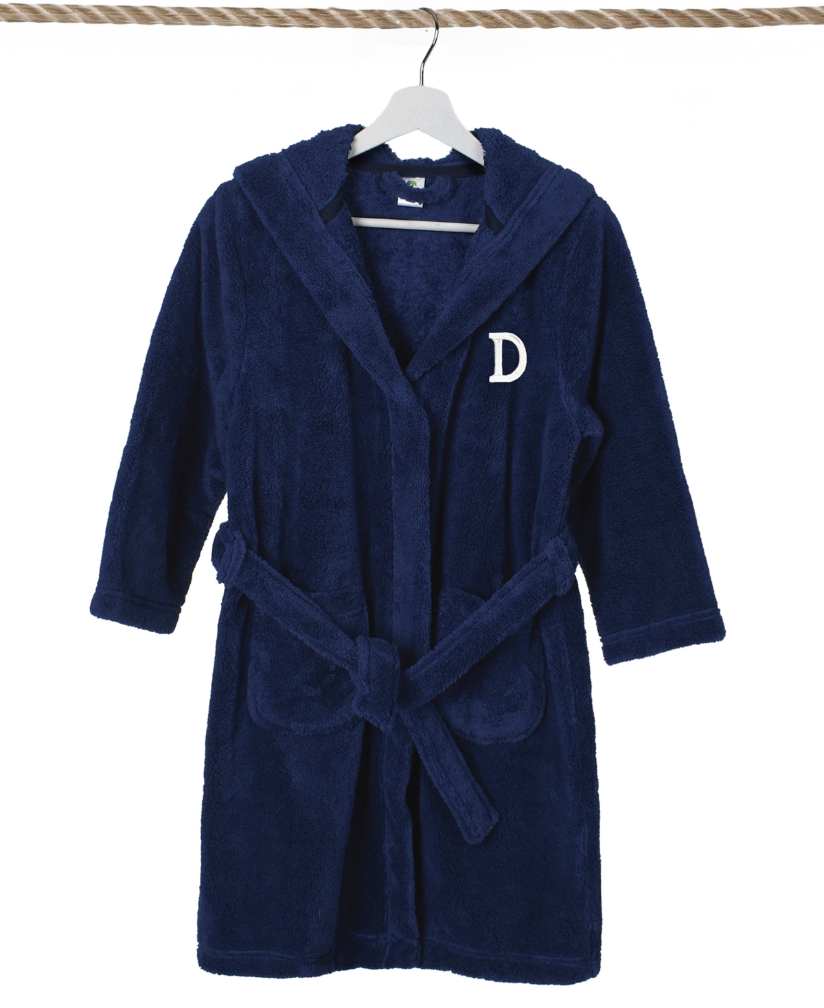 Linum Home Personalized Kids Super Plush Hooded Bathrobe In Navy,white D