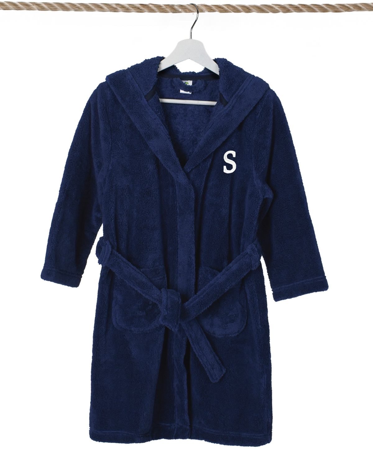 Linum Home Personalized Kids Super Plush Hooded Bathrobe In Navy,white S