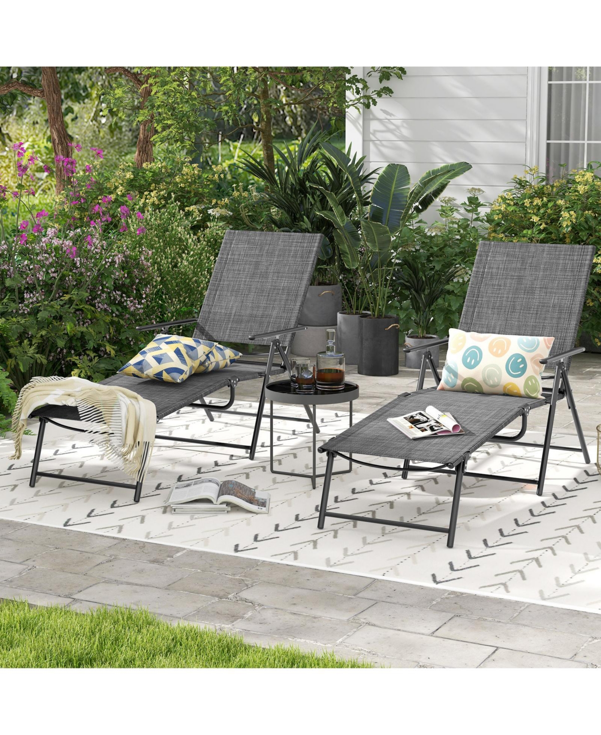Gouun 2 Piece Patio Folding Chaise Lounge Chairs Recliner with 6-Level Backrest