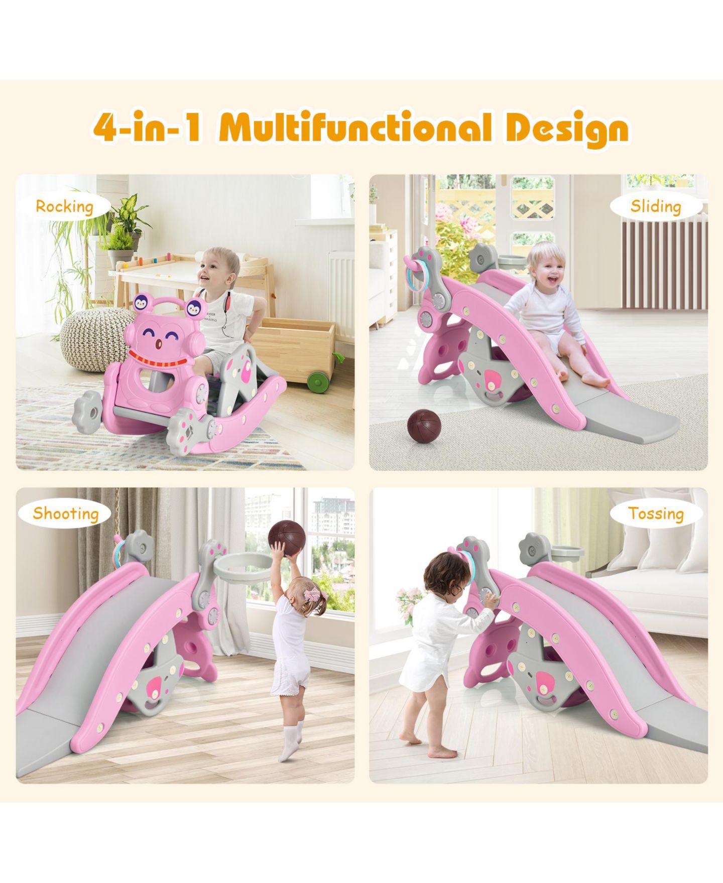 Детские игрушки GOUUN 4-in-1 Penguin Rocking Horse and Slide Set, Ages 1-5, цвет: Розовый — фото 9