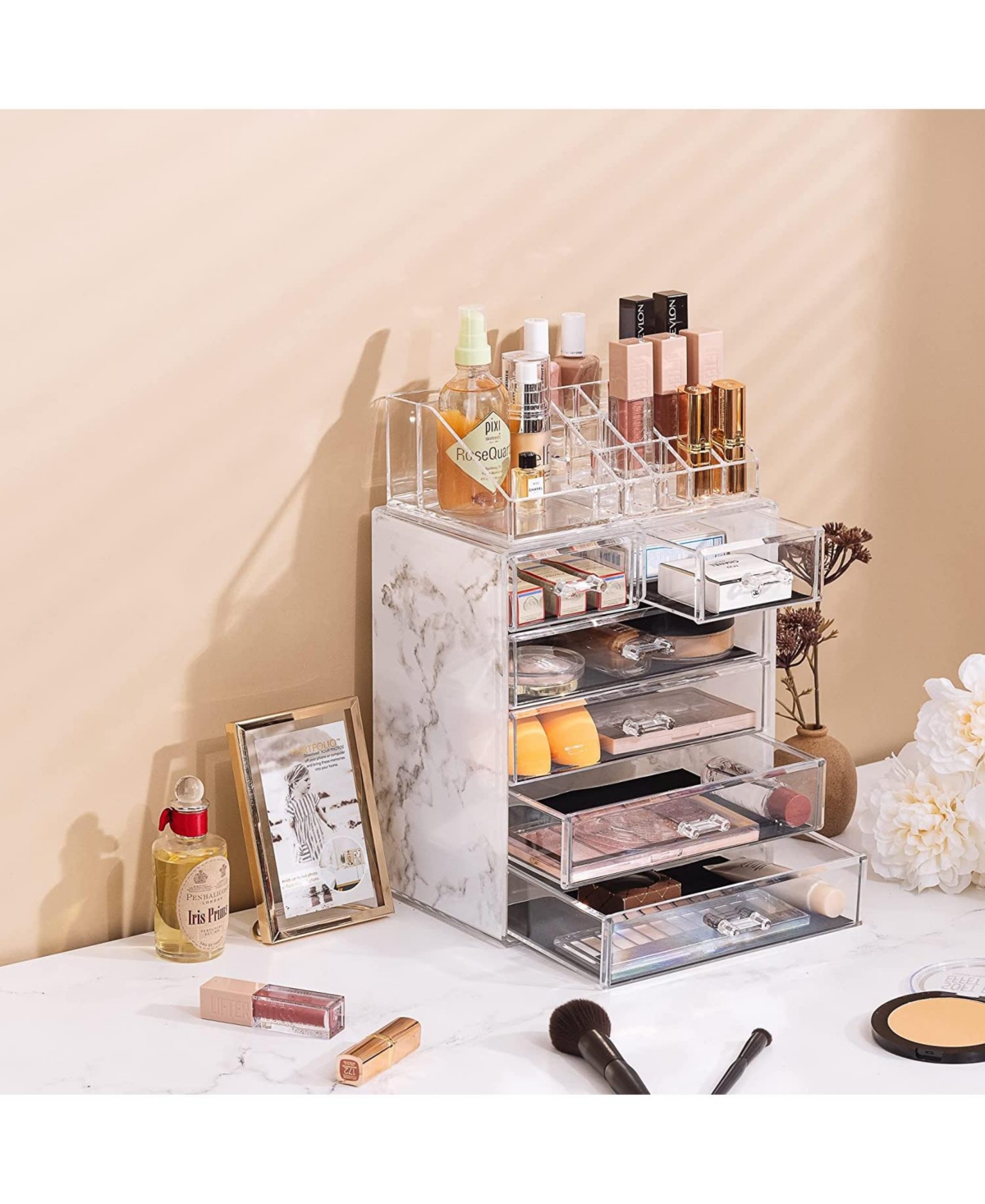 Sorbus 2 Piece Acrylic Makeup and Jewelry Storage Organizer Case (6 Drawers and Lipstick Tray