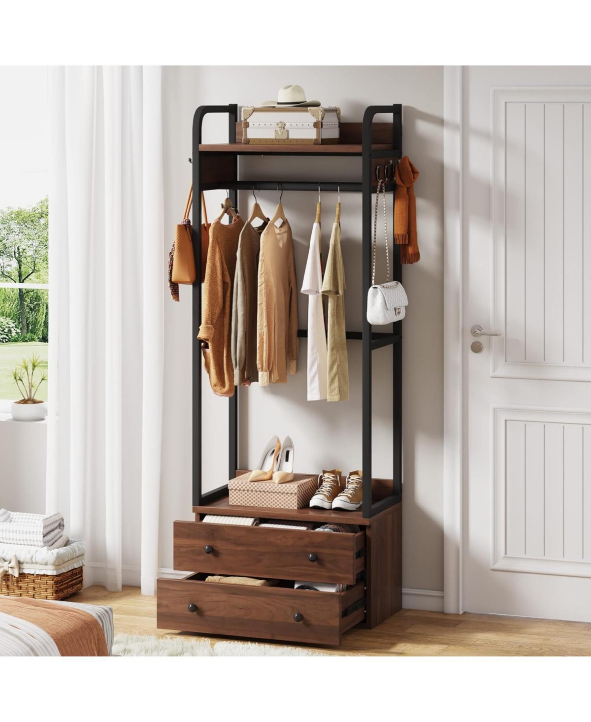 Tribesigns Freestanding Closet Organizer Small Clothes Rack With Drawers And Shelves, Heavy Duty Coat Rack Smal In Rustic Brown