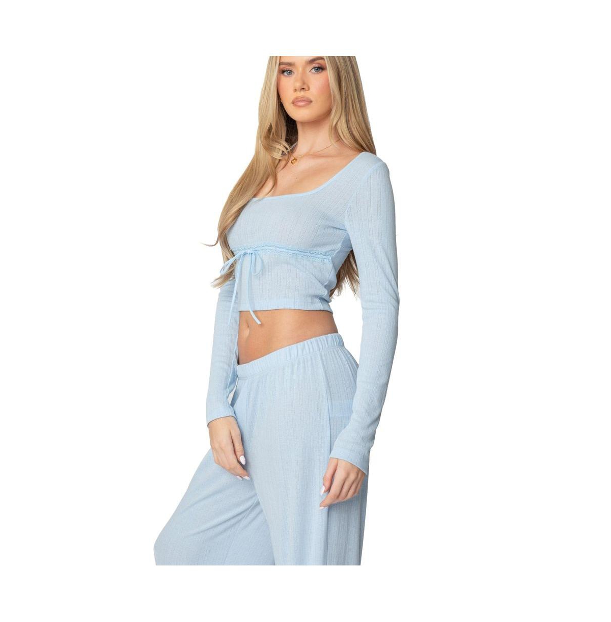 Edikted Women's Ren Square Neck Pointelle Top - Light-blue