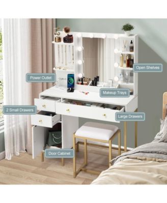anity Desk with Mirror, Makeup Vanity Table with Chair & Charging Station