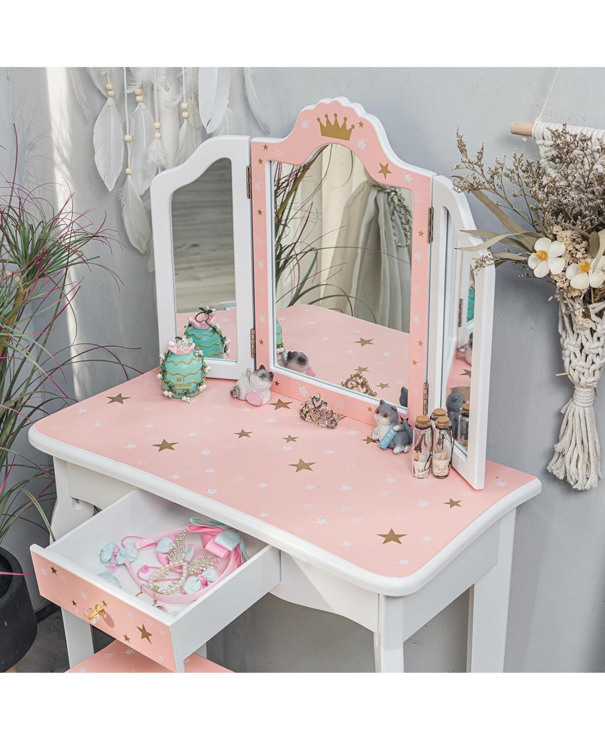 gaomon Kids Vanity Set, Girls Vanity Set with Mirror and Stool