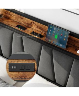 King Size Bed Frame with Storage Linen Upholstered Headboard, 4 Drawers Platform Bed Frame with Charging Station, No Box Spring Needed, Easy Assembly