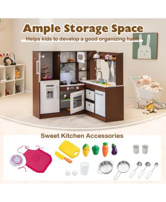 Wooden Corner Play Kitchen w/ Lights & Sounds Water Circulation System for Kids