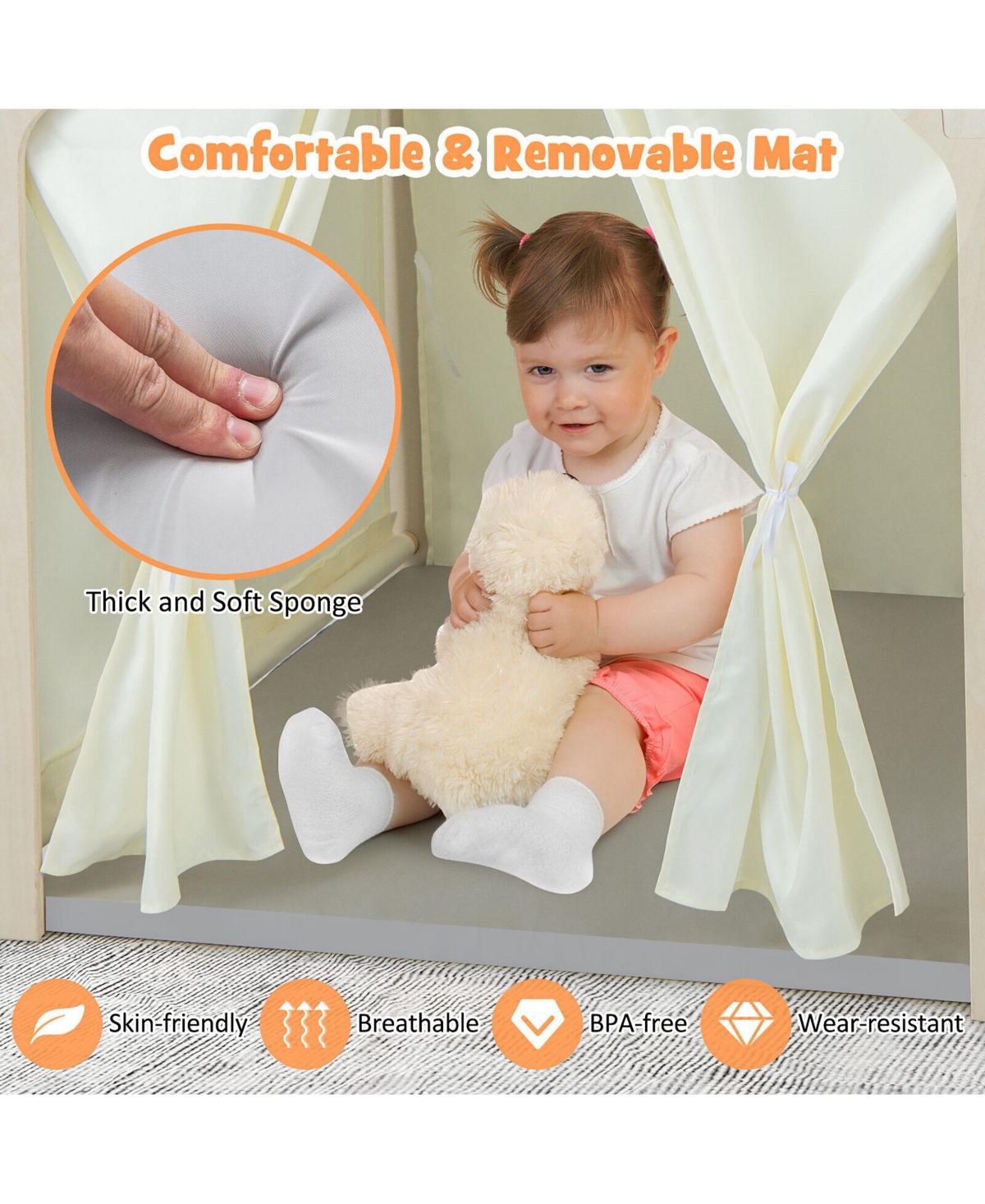 Gymax 6-in-1 Kids Playhouse Wooden Indoor Play Tent w/ Blackboard Desk Table Chair - Natural+white