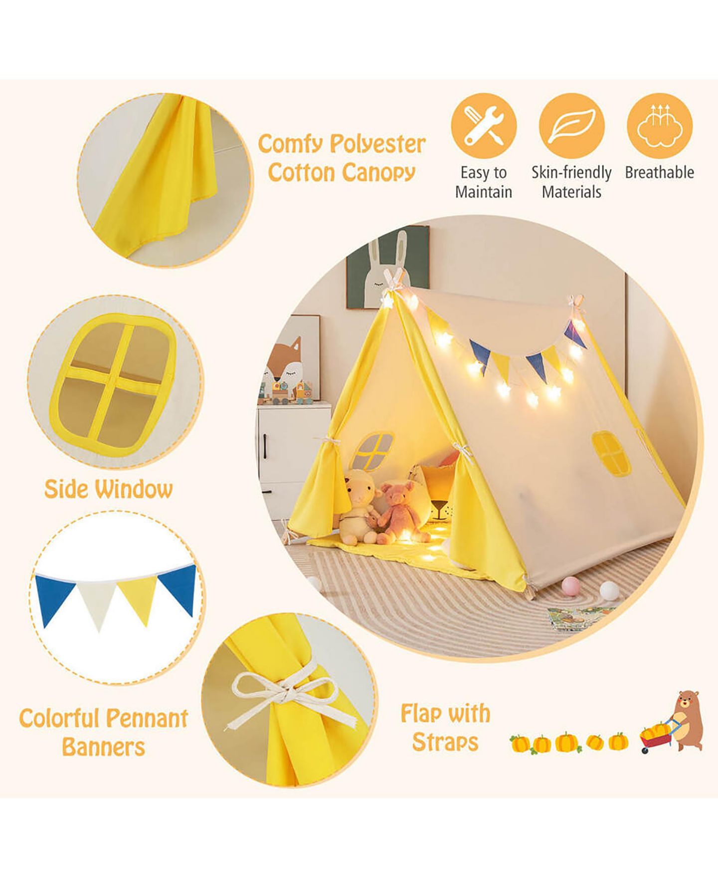Детская игрушка Gymax Triangular Kids Play Tent with Solid Wood Frame, Ages 3+, цвет: Жёлтый — фото 9
